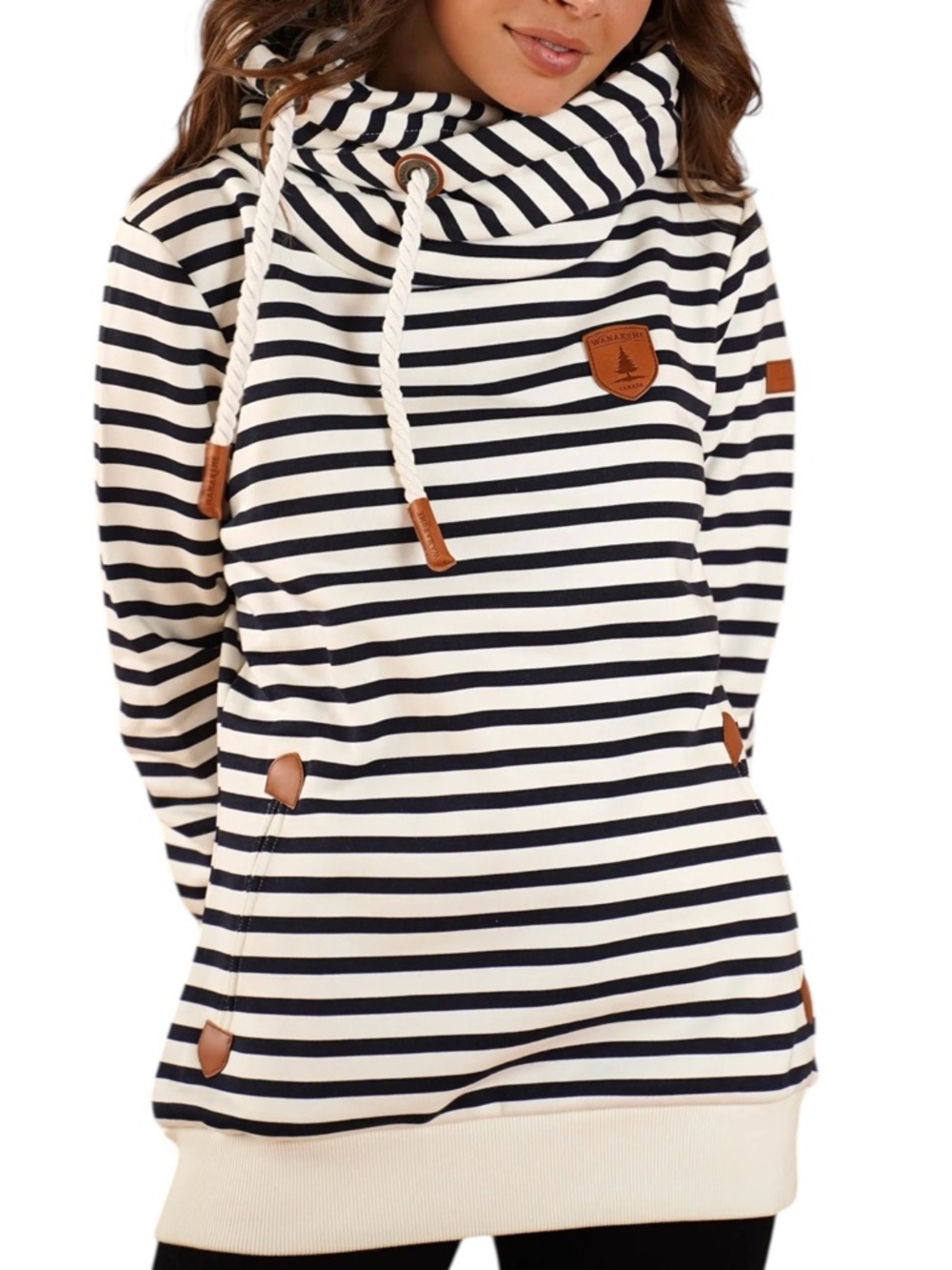Wanakome Navy Ivory Stripe Cowl Neck Hoodie XS Terry Pullover